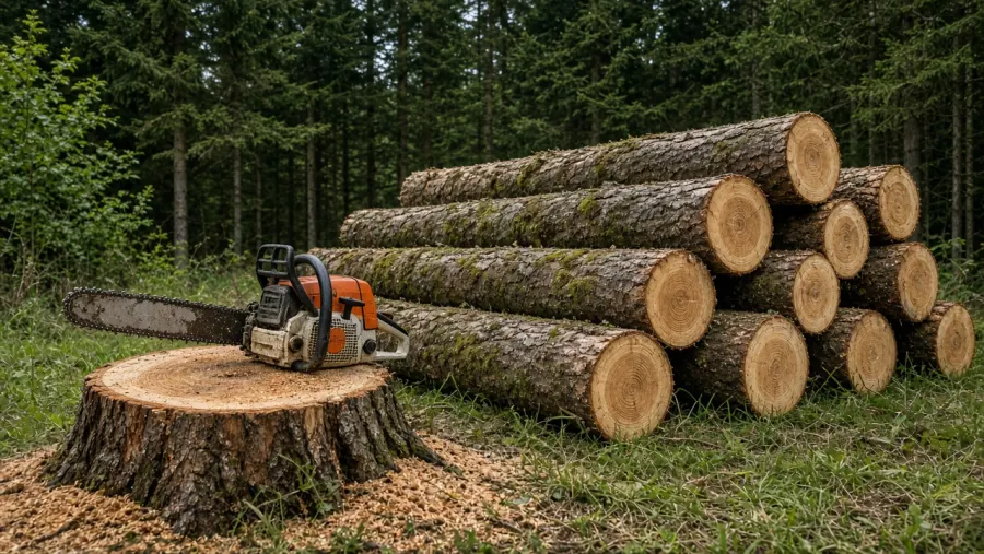 Arbre abattu et bûches empilées
